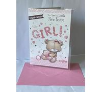 Congratulations You Have A Lovely New Niece Baby Girl! Born Birth Card White/Pink Teddy/Rattle(PH43644B)