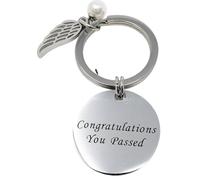 Congratulations You Passed Keyring - Stainless Steel Metal Keychain with Angel Wing Charm and Pearl Detail - Graduation Exam Driving Test Success Gift - Polished Engraved Keepsake Accessory