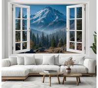 Coniferous Forests Snow-Capped Mountains Wall Tapestry Mountain Forest Scenery Window View Wall Hanging Tapestries Foggy Blue Posters Art Print for Bedroom Living Room Party TV Decor, 150x100 cm