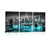 Conipit New York Brooklyn Bridge Canvas Wall Art Black and White City Pictures Teal Skyline Artwork Modern Night View Painting for Home Living Room Bedroom Office Decor 24x16 Inch (Teal, Medium)