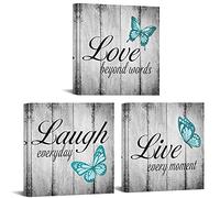 Conipit Teal Butterfly Canvas Wall Art Live Love Laugh Art Teal and Grey Pictures Wall Decor Inspirational Painting for Modern Home Decor 12" L x 12" W x 3pcs