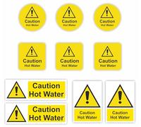Conjured (10-Pack) Caution Hot Water Warning Self-Adhesive Signs Multipack of 10 Stickers in Various Shapes and Sizes/Caution Hot Water Stickers Vinyl Decal 10-Pack
