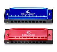 CONJURER 2 Pack C Key Diatonic Blues Harmonica Set, Blue & Red | Premium Brass Reeds Polished Finish Mouth Organ, Complete Beginner Music Gift with Protective Storage Case