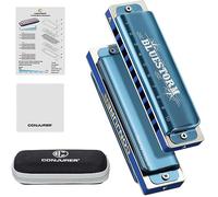 CONJURER Blues Harmonica for Beginners Adult 10 Hole Diatonic Harmonica in A Key Phosphor Bronze Reeds Brass Deluxe Mouth Organ with Case, Key of A Blue
