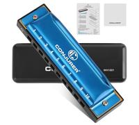 Conjurer Blues Harmonica in C Major Beginners Blues Harp C 10-Hole Diatonic Harmonica Instrument Muntamonica with Brass Reeds and Excellent Sound, Sea Blue