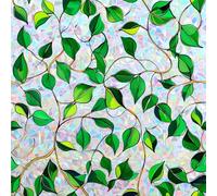 Conkov Rainbow Window Film 3D Translucent with Green Leaves 60 x 200 cm | Opaque Stained Glass Privacy Anti Glare Non-Adhesive Static Cling Decorative for Home Shop and Office, Crescent Backing