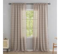 Conkov Sheer Curtains for Living Room 90 Inches Long Brown Thick Linen Textured Gauze with Striped Pom Pom Shabby Chic Farmhouse Bedroom Privacy Curtains That Let Light in 52" W X 90" L