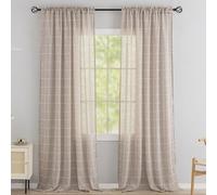Conkov Tan Sheer Curtains 8ft Thick Linen Drape for Living Room Embroidered Light Filtering Farmhouse Curtain Panels Rod Pocket Semi Sheer Drapes for Bedroom 2 Panels 96 Inches Length，52" W x 96" L