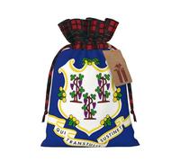 Connecticut State Flag Print Festive Plaid Gift Bag, Candy Bag, Drawstring Burlap Pouch For Holiday Presents Favor-M