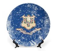 Connecticut State Flag Printed Bone China Decorative Plate Ceramic Decorative Plate with Display Stand for Home Wall Decor