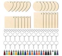 CONNECTION 96 Pcs Wooden Keyring Blanks DIY Personalized Keyrings Kit with Colourful Tassel for DIY Crafting Gift (4 Shapes)