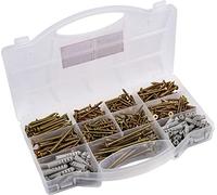 Connex DP8500133 Universal Screw and Dowel Assortment 580 Pieces - Various Sizes - Countersunk Head - TX Drive - Full Thread - Yellow Galvanised/Screw Set with Dowels/Assortment Box /