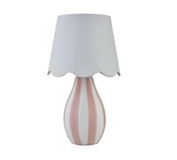 Pink Striped Ceramic Table Lamp or Bedside Light, White Scalloped Fabric Shade, Height 37.5cm, LED Compatible