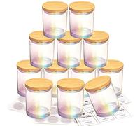 CONNOO 12 Pack 10 OZ Iridescent Glass Candle Jars With Airtight Bamboo Lids - Warning Labels for Making Candles - Empty Container Bulk - Dishwasher Safe