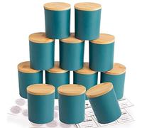 CONNOO 12 Pack 10 OZ Navy Blue Glass Candle Jars for Making Candles with Airtight Bamboo Lids Nice Sticky Warning Labels for Candle Making Empty Container Bulk - Dishwasher Safe