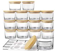 CONNOO 15 Pack 4 OZ Clear Glass Candle Jars with Airtight Bamboo Lids, Bulk Small Wide Mouth Empty Candle Containers with Sticky Warning Labels - Dishwasher Safe