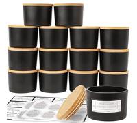 CONNOO 15 Pack 4 OZ Matte Black Glass Candle Jars with Airtight Bamboo Lids, Bulk Small Wide Mouth Empty Candle Containers with Sticky Warning Labels - Dishwasher Safe