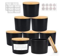 CONNOO 8 Pack 12 OZ Matte Black Glass Wide Mouth Candle Jars for Making Candles with Airtight Bamboo Lids Nice Sticky Warning Labels for Candle Making Empty Container Bulk - Dishwasher Safe