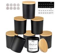 CONNOO 8 Pack 14 OZ Black Glass Candle Jars with Bamboo Lids for Making Candles, Large Size Empty Candle Tins with Sticky Labels - Leakproof & Dishwasher Safe.