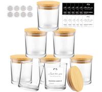 CONNOO 8 Pack 14 OZ Clear Glass Candle Jars with Bamboo Lids for Making Candles, Large Size Empty Candle Tins with Sticky Labels - Leakproof & Dishwasher Safe.