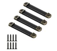 CONPHERON 4 Pcs Vintage Leather Handles Furniture Kitchen Drawer Pull Cabinet Door Handle Retro Handmade Leather Handles for Cupboard Pulls Drawer Knobs 96mm