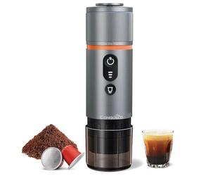 CONQUECO Portable Coffee Machine Travel - 12v Car Espresso Maker with Battery for Camping - Small Electric - 3 Mins Heating - Rechargeable USB Charging (Silver), (CP-023)