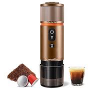 CONQUECO Portable Espresso Coffee Machine: 12V Electric Small Travel Expresso Maker - Self Heating 8 Cups Battery Powered Compatible for Nespresso Capsule - for Camping RV Hiking Office (Brown)