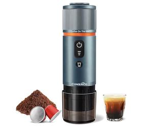 CONQUECO Portable Espresso Coffee Machine: 12V Electric Small Travel Expresso Maker - Self Heating 8 Cups Battery Powered Compatible for Nespresso Capsule - for Camping RV Hiking Office (Smoke Blue)