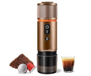 CONQUECO Portable Espresso Coffee Machine: 12V Electric Small Travel Expresso Maker - Self Heating 8 Cups Battery Powered Compatible for Nespresso Capsule - for Camping RV Hiking Office (Brown)