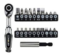 CONQUER 22pc 1/4 Ultra Low Profile Mini Ratchet Close Quarter Mini Screwdriver Set with High Torque - Right Angle EDC Tool with 72-Tooth Gear head and Spin Disk for Tight Spaces
