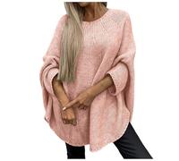 Conquerory Elegant Knitted Cape Sweater for Women,Poncho Sweater for Women Ribbed Knit Batwing Pullover Casual Crew Neck Long Sleeve Tops,Trendy Fall Pullover Sweater (Pink,L/XL)