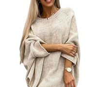 Conquerory Elegant Knitted Cape Sweater for Women,Poncho Sweater for Women Ribbed Knit Batwing Pullover Casual Crew Neck Long Sleeve Tops,Trendy Fall Pullover Sweater (Apricot,S/M)