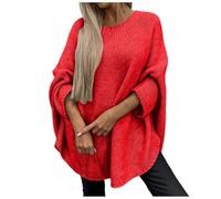 Conquerory Elegant Knitted Cape Sweater for Women, Ribbed Knit Batwing Pullover, Casual Crew Neck Long Sleeve Tops, Trendy Fall Pullover Sweater (Red, L/XL)