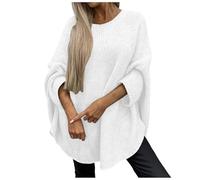 Conquerory Elegant Knitted Cape Sweater for Women, Ribbed Knit Batwing Pullover, Casual Crew Neck Long Sleeve Tops, Trendy Fall Pullover Sweater (White, L/XL)
