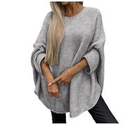 Conquerory Elegant Knitted Cape Sweater for Women, Ribbed Knit Batwing Pullover Crew Neck Long Sleeve Tops, Trendy Fall Pullover Sweater (Gray, S/M)