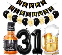 Conruich 31st Birthday Decoration for Man or Woman, 31 Number Foil Balloon, Black Helium Balloon, Whiskey Beer Glass, Medium-Large, Unisex, Adults, 1 Piece, Stars Theme, Reusable, Unisex Department