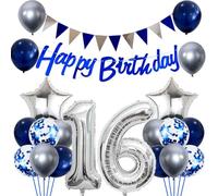 Conruich Balloons 16th Birthday Decoration Set, Balloons Birthday Decoration 16 Years Children, Blue Silver Happy 16th Birthday Garland Decoration 16 Year Boys Girls Foil Balloon 16th Birthday