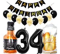 Conruich Birthday Decoration 34th Man Balloon, Black Helium Balloon Number 34, Whiskey Beer Glass for 34th Birthday Man Party Decoration, Medium & Large, Unisex, Adults