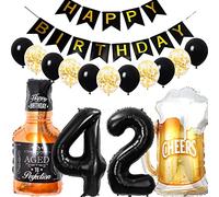 Conruich Birthday Decoration 42 Years Man Woman, Balloon 42nd Birthday Decoration Man, Foil Balloon Number 42 Black, Helium Balloon Whiskey Beer Glass for 42nd Birthday Man Party Decoration