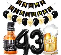 Conruich Birthday Decoration 43 Years Man Woman, Balloon 43rd Birthday Decoration Man, Foil Balloon Number 43 Black, Helium Balloon Whiskey Beer Glass for 43rd Birthday Man Party Decoration