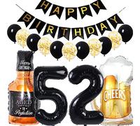 Conruich Birthday Decoration 52 Years Man Woman, Balloon 52nd Birthday Decoration Man, Foil Balloon Number 52 Black, Helium Balloon Whiskey Beer Glass for 52nd Birthday Man Party Decoration