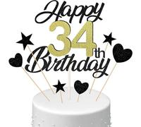 Conruich Cake Decoration 34th Birthday Man, Cake Topper Happy 34th Birthday Black, Glitter Cake Decoration 34th Birthday Balloons Confetti Paper Fans for Birthday Cake Decoration 34 Years Women Men