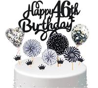 Conruich Cake Decoration 46th Birthday Man, Cake Topper Happy 46th Birthday Black, Glitter Cake Topper 46th Birthday Balloons Confetti Paper Fans for Birthday Cake Decoration 46 Years Women Men