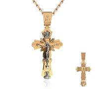 Consecration of the Holy Jesus Pendant, Antique Stainless Steel Gold Plated Orthodox Jesus Crucifix Pendant Necklace with 27 in Chain, Religious Christian Jewelry Gifts
