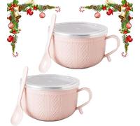 Consensuts 25-oz Mug Meals w/Lid-its, Stainless Steel Double-Layer Heat-Resistant Bowl, Soup Mugs with Handles and Lids for Soups, Ideal Christmas, Holiday Winter Mug (2PC-Pink)