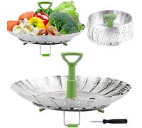 Consevisen Stainless Steel Vegetable Steamer Basket, Expandable 5.1" to 9", Folding Steamer Insert for Veggie, Fish, Seafood Cooking, Silver/Green