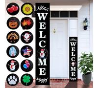 Consevisen Welcome Sign for Front Door Porch Standing, Interchangeable 47 x 7.9 Inch Outdoor Vertical Wooden Welcome Sign with 12 Seasonal Icons for Spring Fall Christmas Easter Farmhouse Home Decor