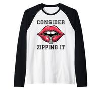 Consider Zipping It -Funny Bold Kawaii Zipped Red Lip Design Raglan Baseball Tee