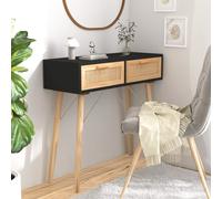 Console Table 80x30x75 cm Black Engineered Wood Pine Legs Natural Rattan Drawers