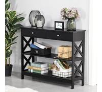 Console Table Side Desk w/ Shelves Drawers Open Top X Support Frame Living Room Hallway Home Office Furniture Black